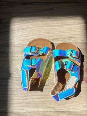 wonder nation Iridescent Teal Kids Sandals with Buckle & Velcro Straps